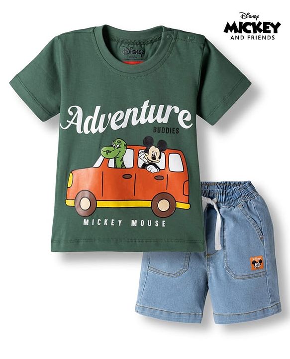 Babyhug Disney Half Sleeves T-Shirt & Denim Shorts With Mickey Mouse Graphics - Multicolor