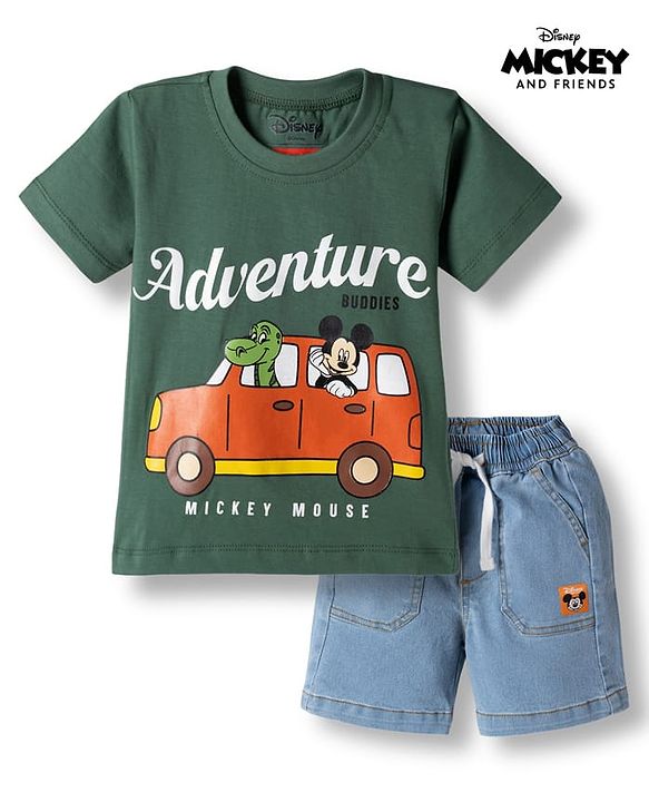 Babyhug Disney Half Sleeves T-Shirt & Denim Shorts With Mickey Mouse Graphics - Multicolor