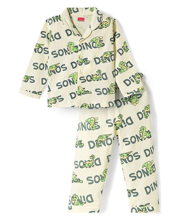 Babyhug Cotton Knit Full Sleeves Shirt & Pyjama Co-ord Night Suit with Dino Print - White
