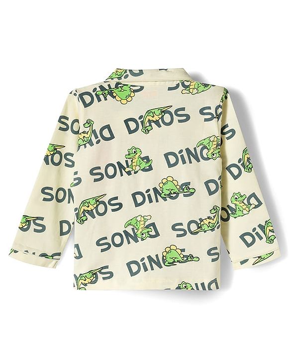 Babyhug Cotton Knit Full Sleeves Shirt & Pyjama Co-ord Night Suit with Dino Print - White