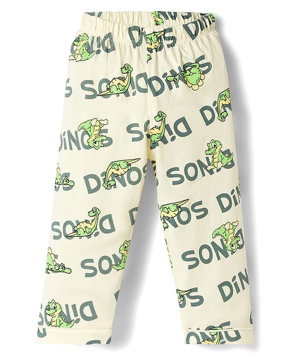 Babyhug Cotton Knit Full Sleeves Shirt & Pyjama Co-ord Night Suit with Dino Print - White