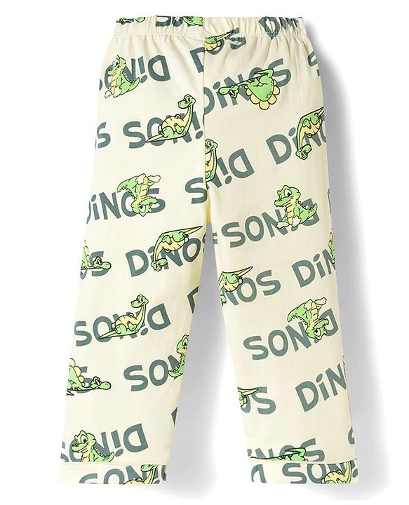 Babyhug Cotton Knit Full Sleeves Shirt & Pyjama Co-ord Night Suit with Dino Print - White