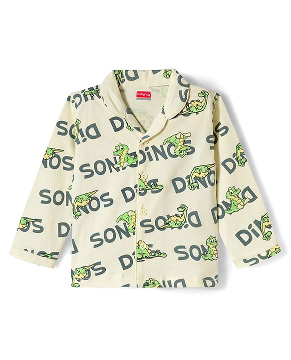 Babyhug Cotton Knit Full Sleeves Shirt & Pyjama Co-ord Night Suit with Dino Print - White
