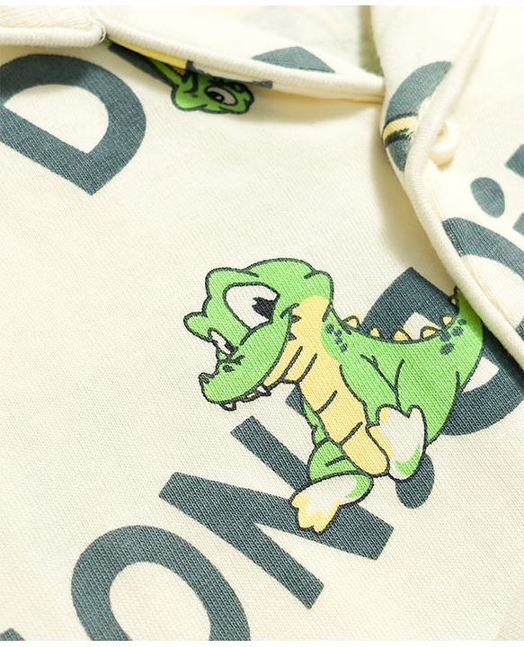 Babyhug Cotton Knit Full Sleeves Shirt & Pyjama Co-ord Night Suit with Dino Print - White