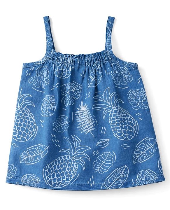 Babyhug Denim Woven Sleeveless Top & Pant Set With Floral Print - Blue