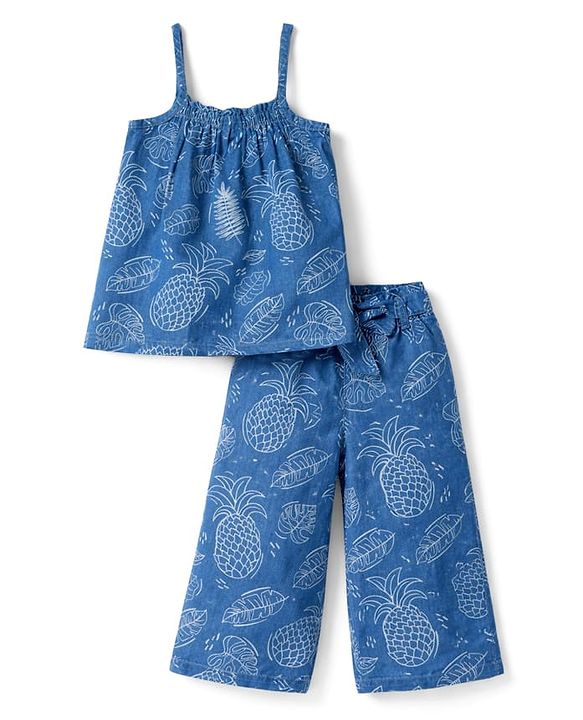 Babyhug Denim Woven Sleeveless Top & Pant Set With Floral Print - Blue