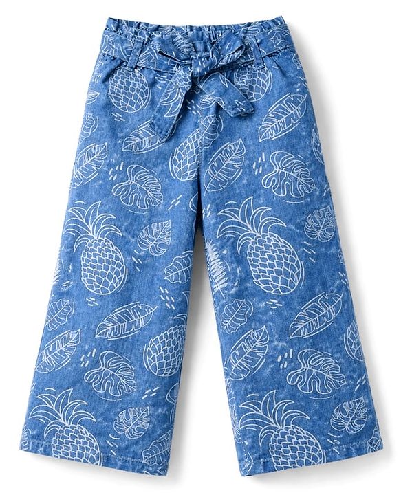Babyhug Denim Woven Sleeveless Top & Pant Set With Floral Print - Blue