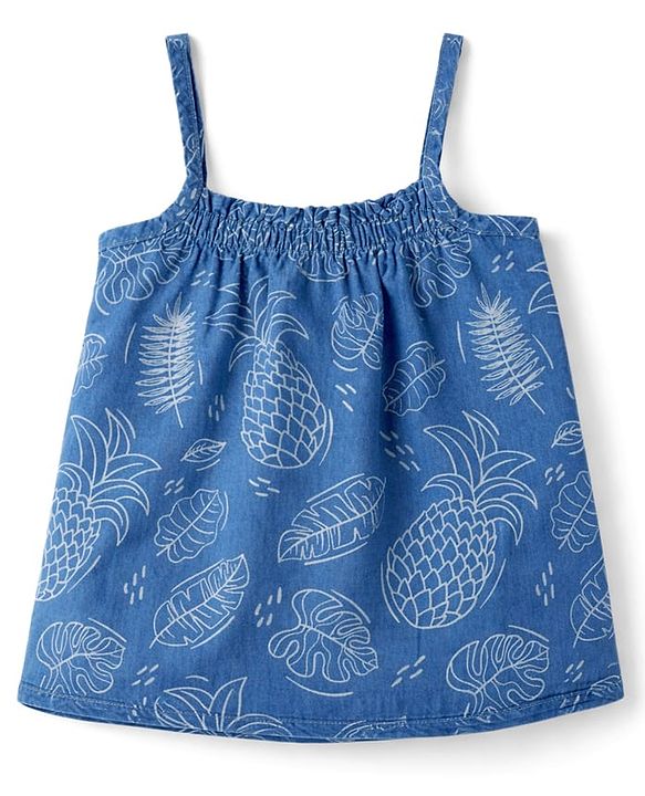 Babyhug Denim Woven Sleeveless Top & Pant Set With Floral Print - Blue