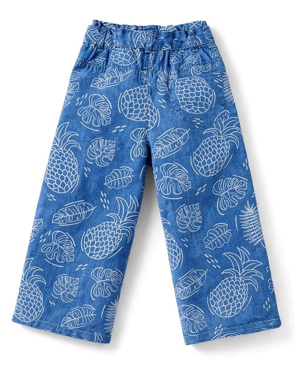 Babyhug Denim Woven Sleeveless Top & Pant Set With Floral Print - Blue