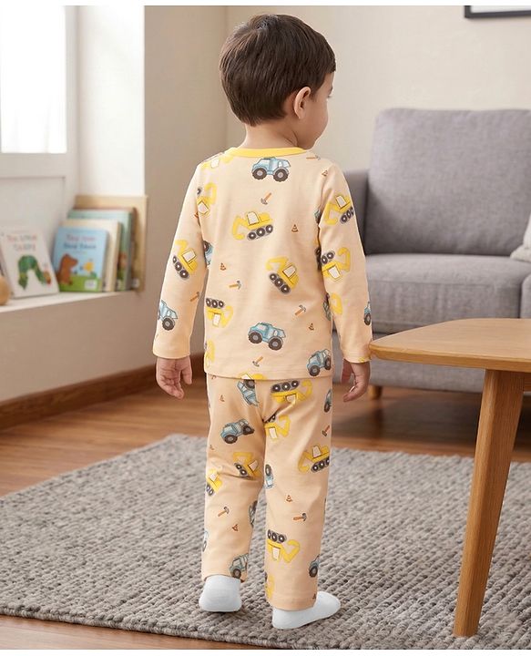 Babyhug Cotton Knit Full Sleeves Co-Ord T-Shirt & Pyjama Night Suit With JCB Print - Brown & Beige