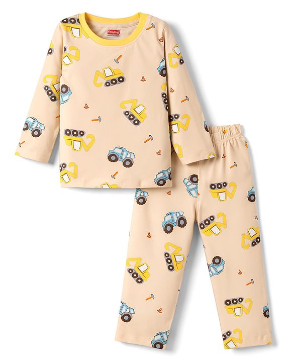 Babyhug Cotton Knit Full Sleeves Co-Ord T-Shirt & Pyjama Night Suit With JCB Print - Brown & Beige