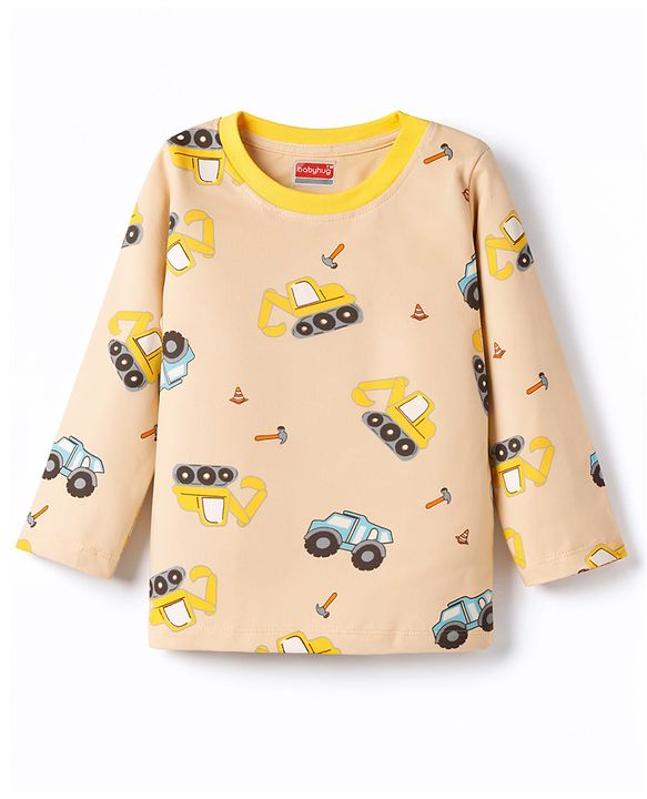Babyhug Cotton Knit Full Sleeves Co-Ord T-Shirt & Pyjama Night Suit With JCB Print - Brown & Beige