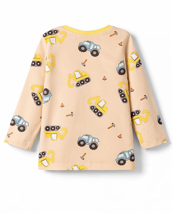 Babyhug Cotton Knit Full Sleeves Co-Ord T-Shirt & Pyjama Night Suit With JCB Print - Brown & Beige
