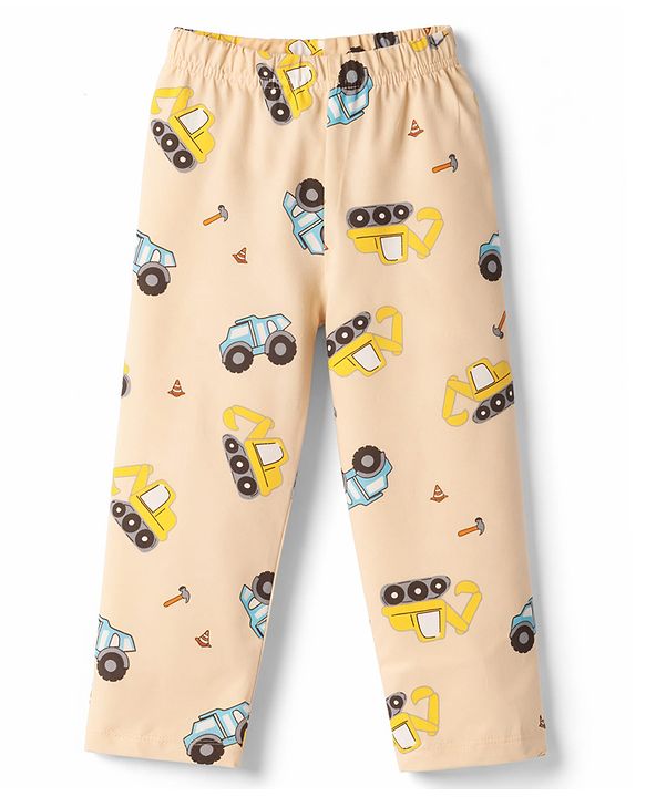 Babyhug Cotton Knit Full Sleeves Co-Ord T-Shirt & Pyjama Night Suit With JCB Print - Brown & Beige