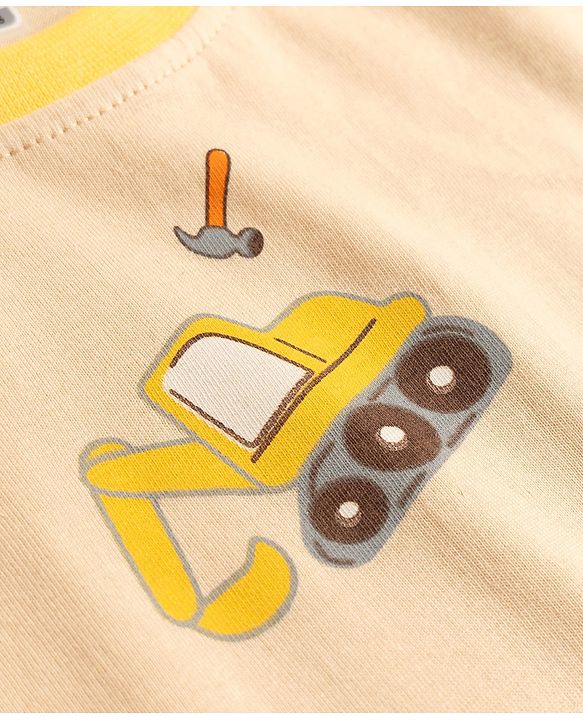 Babyhug Cotton Knit Full Sleeves Co-Ord T-Shirt & Pyjama Night Suit With JCB Print - Brown & Beige