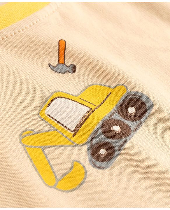 Babyhug Cotton Knit Full Sleeves Co-Ord T-Shirt & Pyjama Night Suit With JCB Print - Brown & Beige