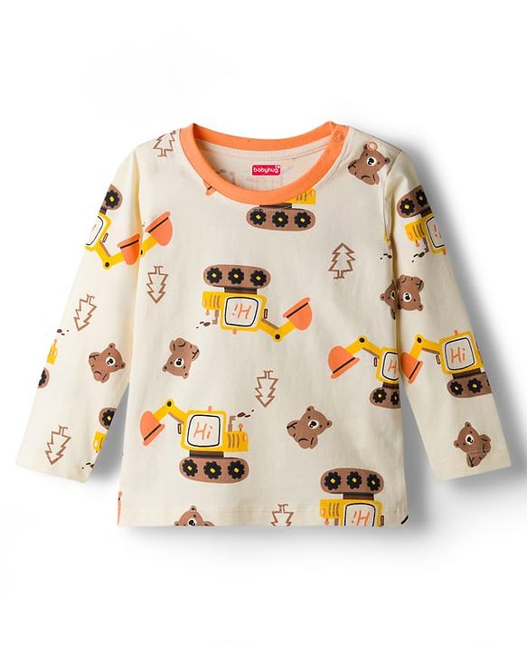 Babyhug Cotton Knit Full Sleeves T-Shirt & Pyjama Co-ord Night Suit With Excavator Print - Brown