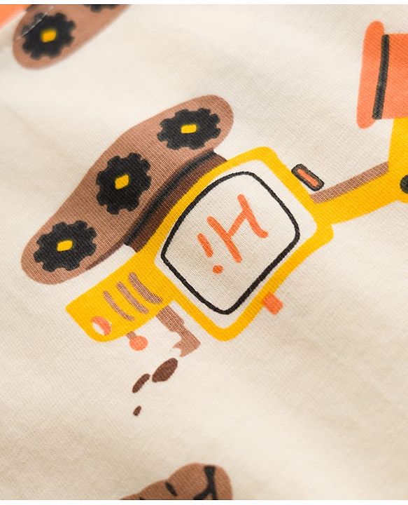 Babyhug Cotton Knit Full Sleeves T-Shirt & Pyjama Co-ord Night Suit With Excavator Print - Brown
