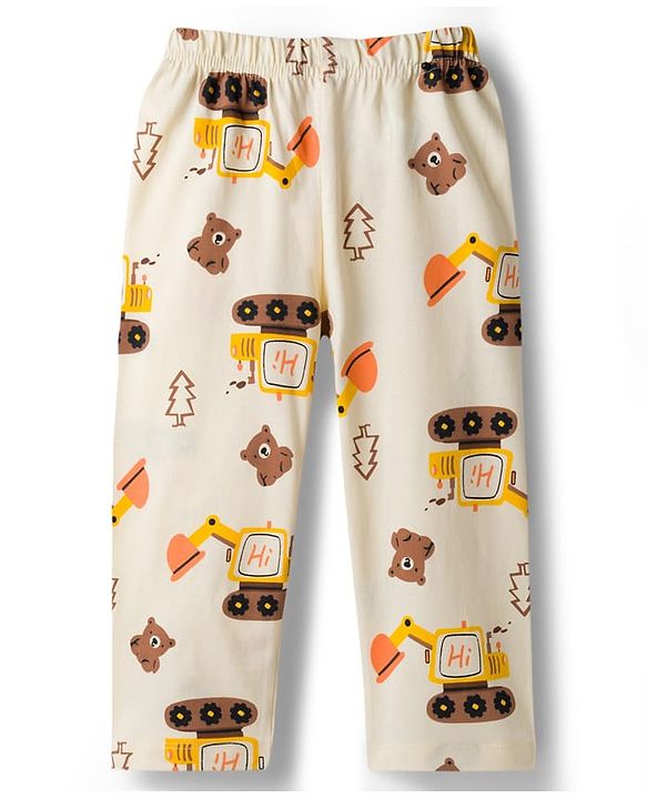 Babyhug Cotton Knit Full Sleeves T-Shirt & Pyjama Co-ord Night Suit With Excavator Print - Brown