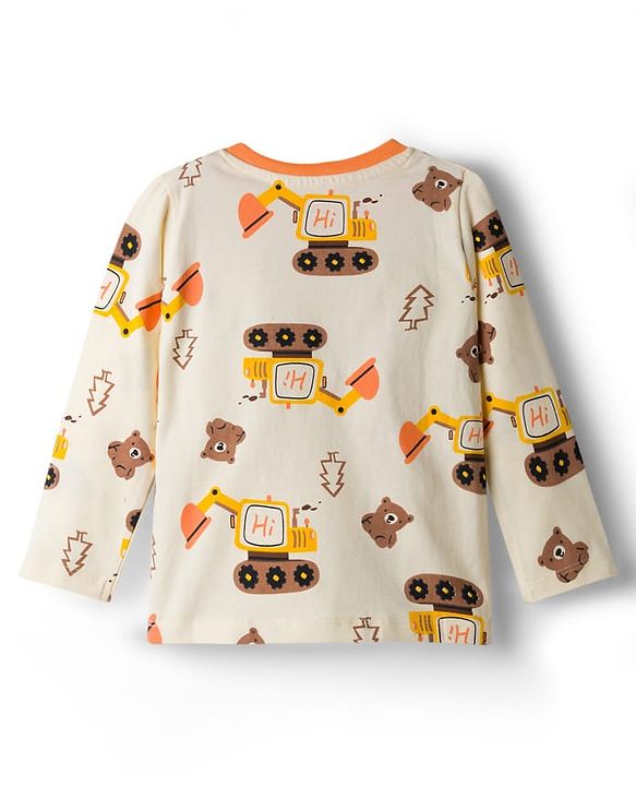 Babyhug Cotton Knit Full Sleeves T-Shirt & Pyjama Co-ord Night Suit With Excavator Print - Brown