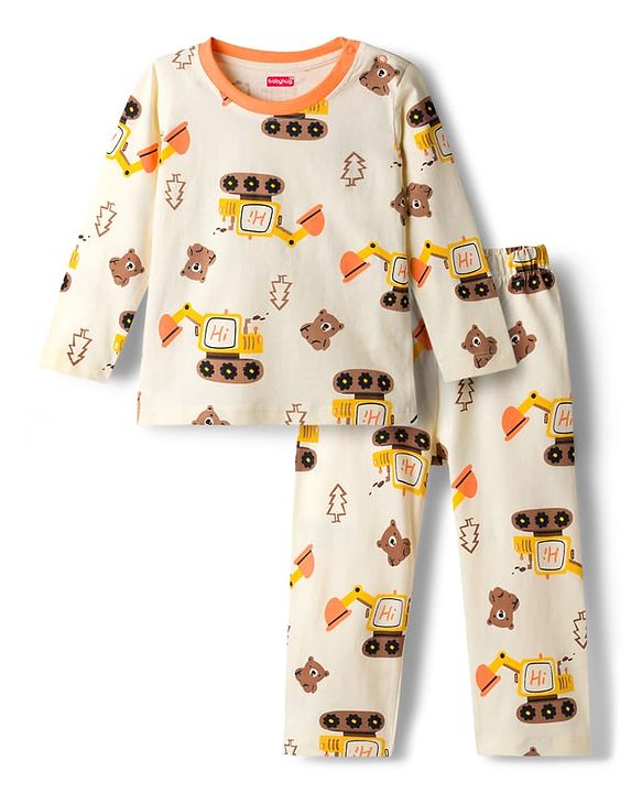 Babyhug Cotton Knit Full Sleeves T-Shirt & Pyjama Co-ord Night Suit With Excavator Print - Brown