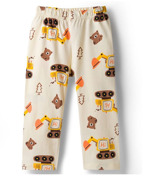 Babyhug Cotton Knit Full Sleeves T-Shirt & Pyjama Co-ord Night Suit With Excavator Print - Brown