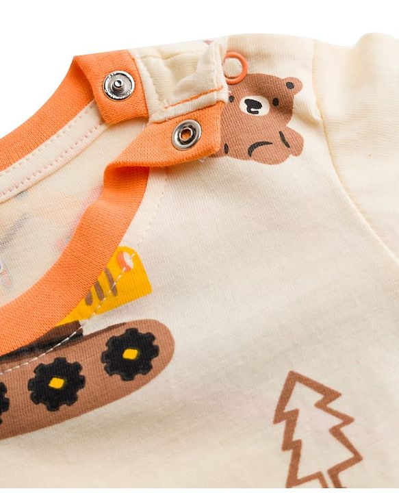 Babyhug Cotton Knit Full Sleeves T-Shirt & Pyjama Co-ord Night Suit With Excavator Print - Brown