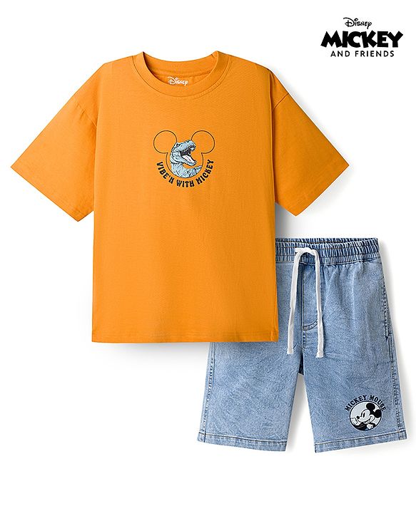 Pine Kids Disney 100% Cotton Knit T-Shirt & Shorts Set With Mickey Mouse & Friends Graphic - Orange