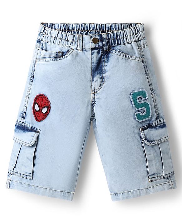 Pine Kids Marvel Denim Above Knee Length Cargo Short With Spider Man Graphic & Badge Detailing - Light Blue