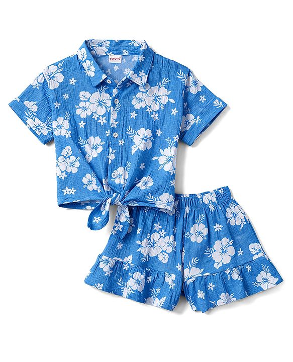 Babyhug Single Jersey Knit Half Sleeves Top & Shorts Co-ord Set with Floral Print - Blue