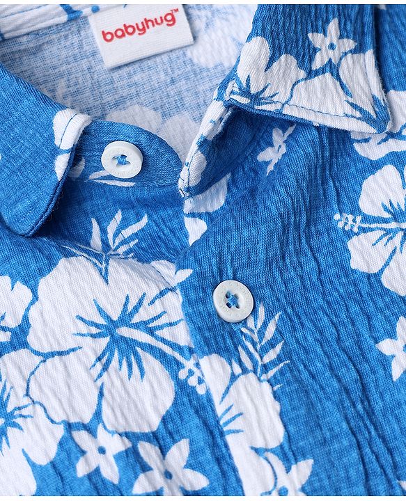 Babyhug Single Jersey Knit Half Sleeves Top & Shorts Co-ord Set with Floral Print - Blue