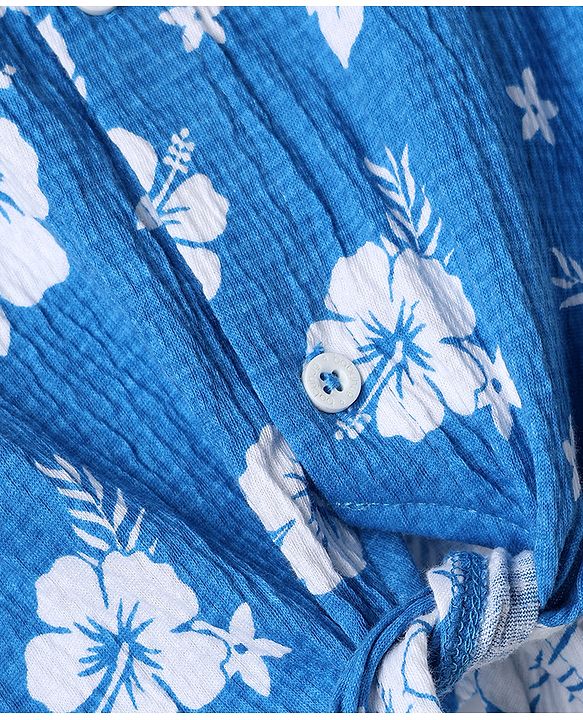 Babyhug Single Jersey Knit Half Sleeves Top & Shorts Co-ord Set with Floral Print - Blue
