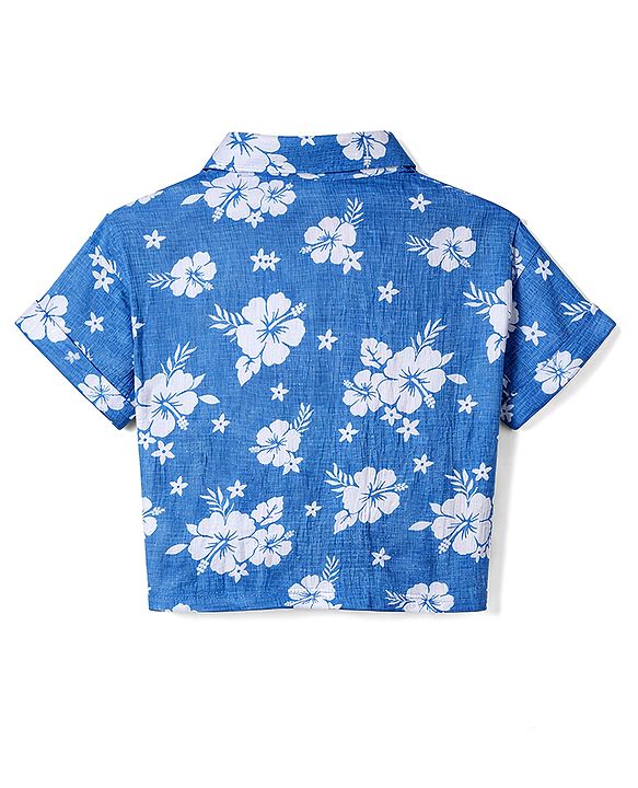 Babyhug Single Jersey Knit Half Sleeves Top & Shorts Co-ord Set with Floral Print - Blue