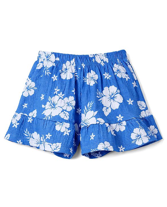 Babyhug Single Jersey Knit Half Sleeves Top & Shorts Co-ord Set with Floral Print - Blue