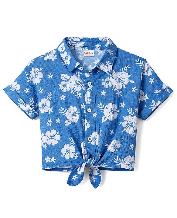 Babyhug Single Jersey Knit Half Sleeves Top & Shorts Co-ord Set with Floral Print - Blue