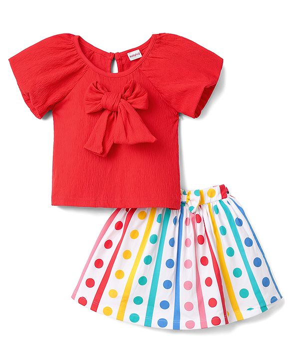 Babyhug Single Jersey Knit Half Sleeves Top & Skirt Set with Polka Dot Print & Bow Applique - Red & White