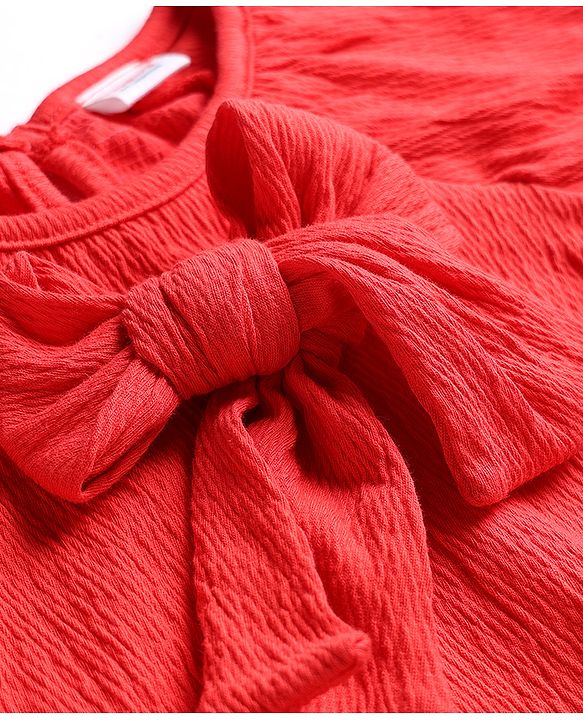 Babyhug Single Jersey Knit Half Sleeves Top & Skirt Set with Polka Dot Print & Bow Applique - Red & White