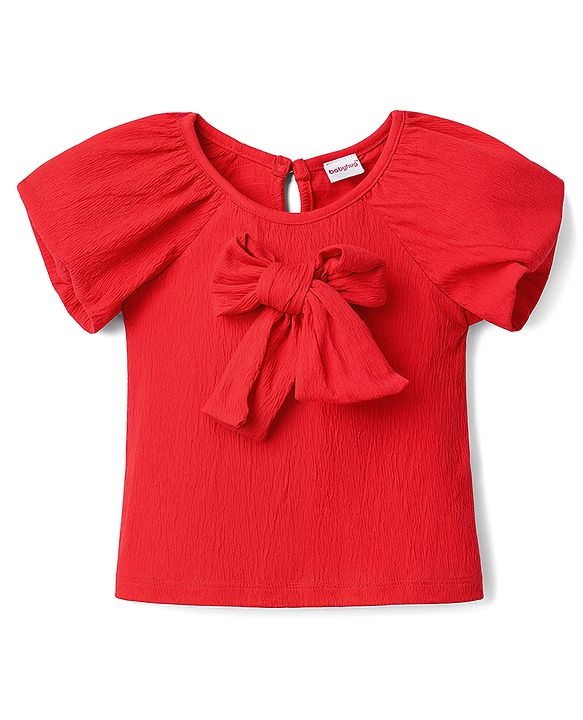 Babyhug Single Jersey Knit Half Sleeves Top & Skirt Set with Polka Dot Print & Bow Applique - Red & White