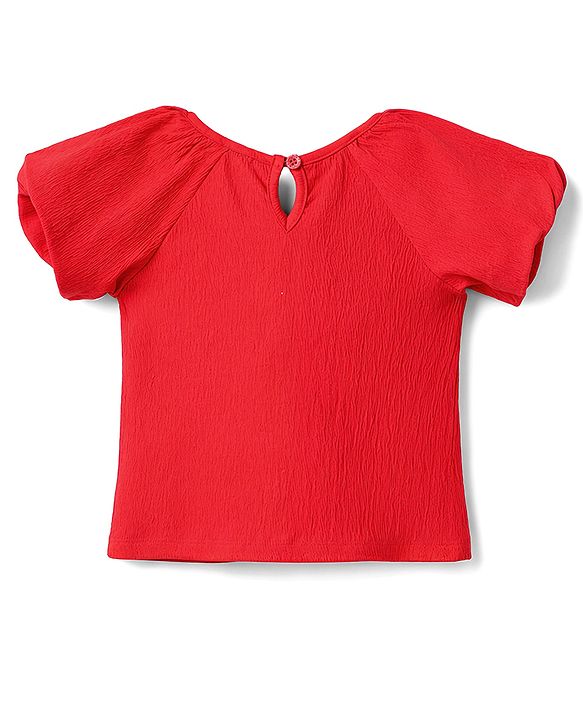 Babyhug Single Jersey Knit Half Sleeves Top & Skirt Set with Polka Dot Print & Bow Applique - Red & White