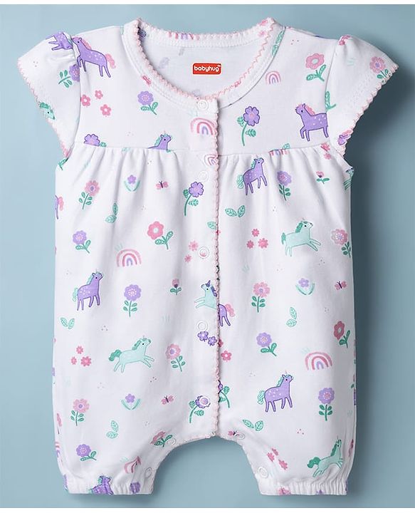 Babyhug 100% Cotton Knit Half Sleeves Rompers with Floral Print Pack of 2 - Multicolor