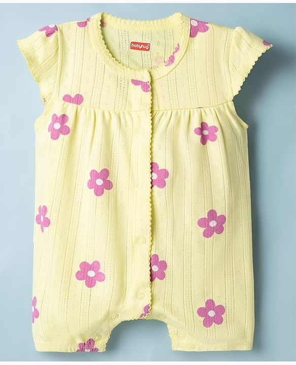Babyhug 100% Cotton Knit Half Sleeves Rompers with Floral Print Pack of 2 - Multicolor
