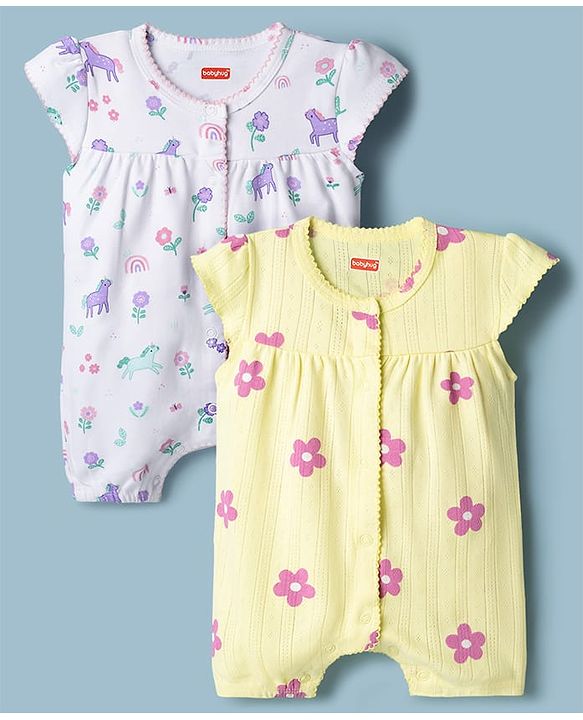 Babyhug 100% Cotton Knit Half Sleeves Rompers with Floral Print Pack of 2 - Multicolor