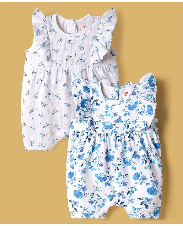 Babyhug 100% Cotton Knit Sleeveless Rompers with Floral Print Pack of 2 - Multicolor