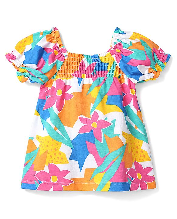 Babyhug Single Jersey Knit Half Sleeves Top & Shorts Set with Floral Print & Bow Applique - Multicolor