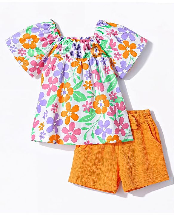 Babyhug Single Jersey Knit Half Sleeves Top & Shorts Set with Floral Print - Multicolor