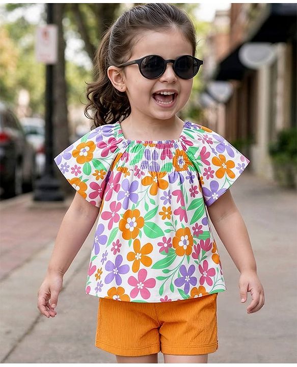 Babyhug Single Jersey Knit Half Sleeves Top & Shorts Set with Floral Print - Multicolor