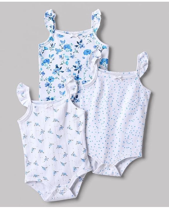 Babyhug 100% Cotton Interlock Knit Sleeveless Onesies With Floral Print Pack of 3 - Multicolor