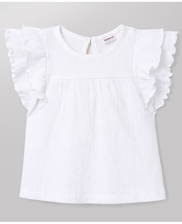 Babyhug Slub Jersey Knit Frill Sleeves Solid Top & Shorts Set with Bow Applique - White & Blue