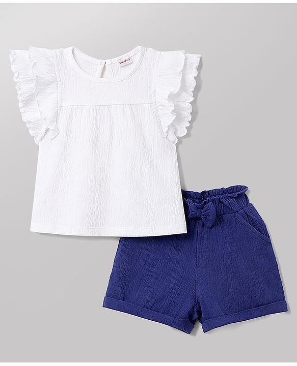Babyhug Slub Jersey Knit Frill Sleeves Solid Top & Shorts Set with Bow Applique - White & Blue