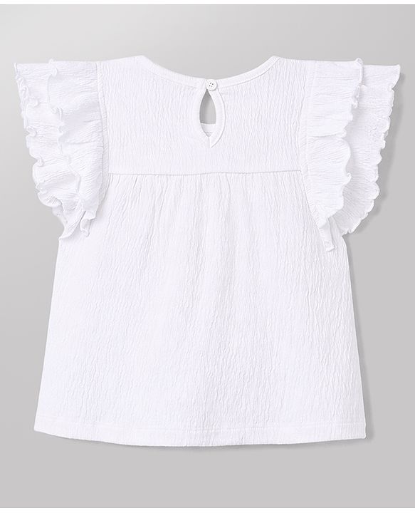 Babyhug Slub Jersey Knit Frill Sleeves Solid Top & Shorts Set with Bow Applique - White & Blue